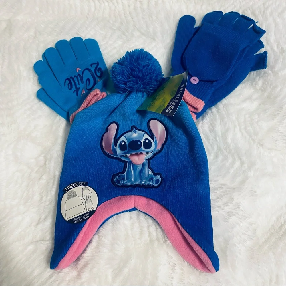 Disney Stitch Blue and Pink Kids Winter Hat and Gloves